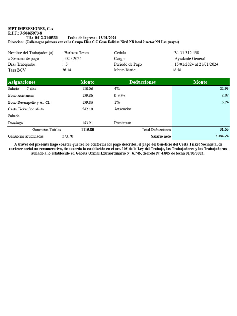Recibos de Pago Cesta Ticket 2024 | PDF | Salario | Gastos