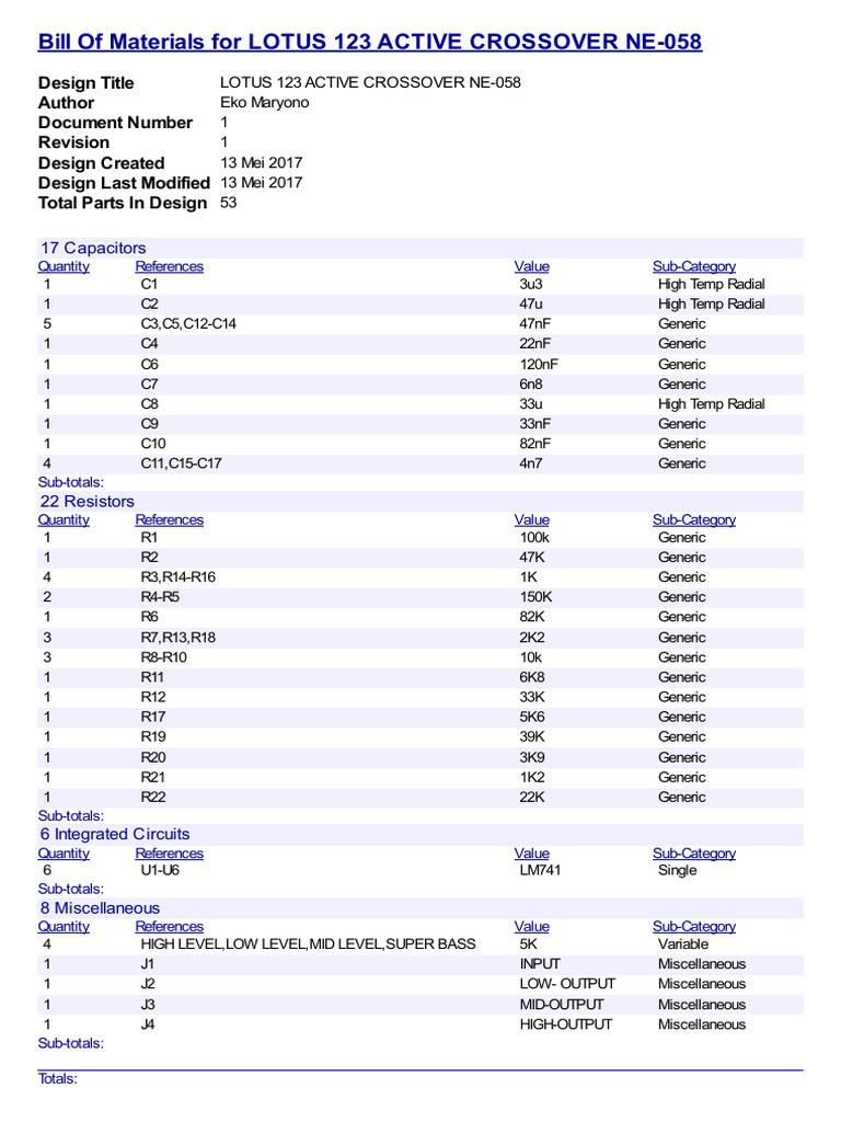 Bill of Materials LOTUS 123 ACTIVE CROSSOVER NE-058 | PDF | Electrical ...