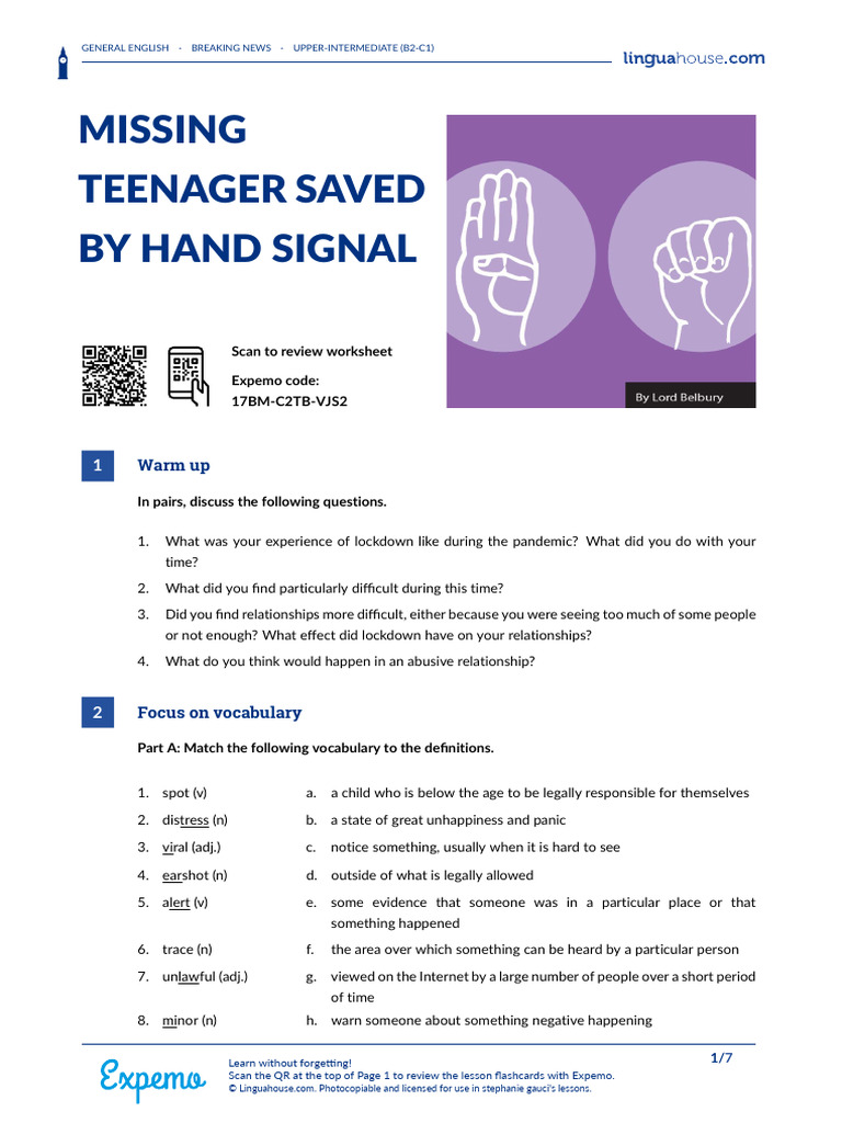 LINGUAHOUSE Missing Teenager Saved by Hand Signal | PDF | Language Arts ...