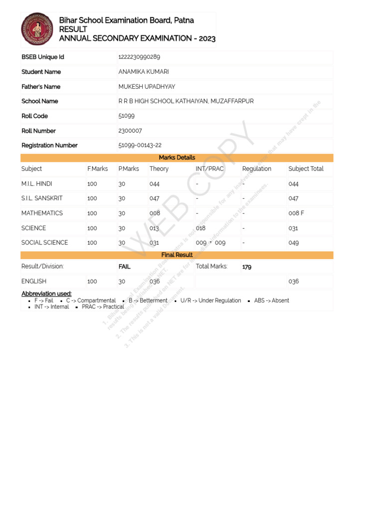 Bihar 2023 Secondary Exam Results | PDF