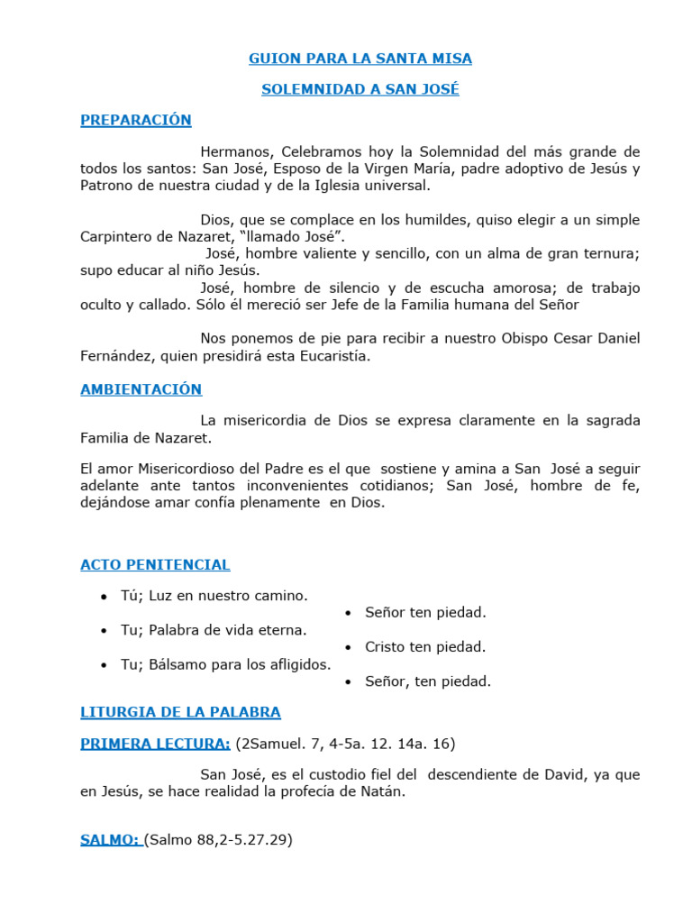 Guion de Misa: Solemnidad de San José | PDF | eucaristía | San José