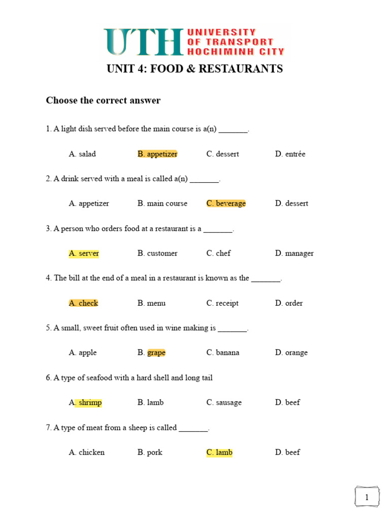 B2 2 Unit 4 Practice Quiz дђгј Gб P Pdf Meal Entrг E