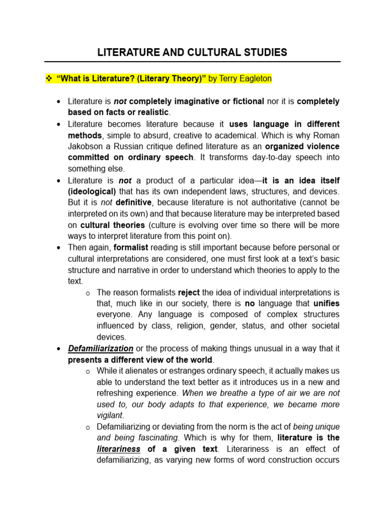 Literature and Cultural Studies Notes First 4 Readings | PDF | Cultural ...