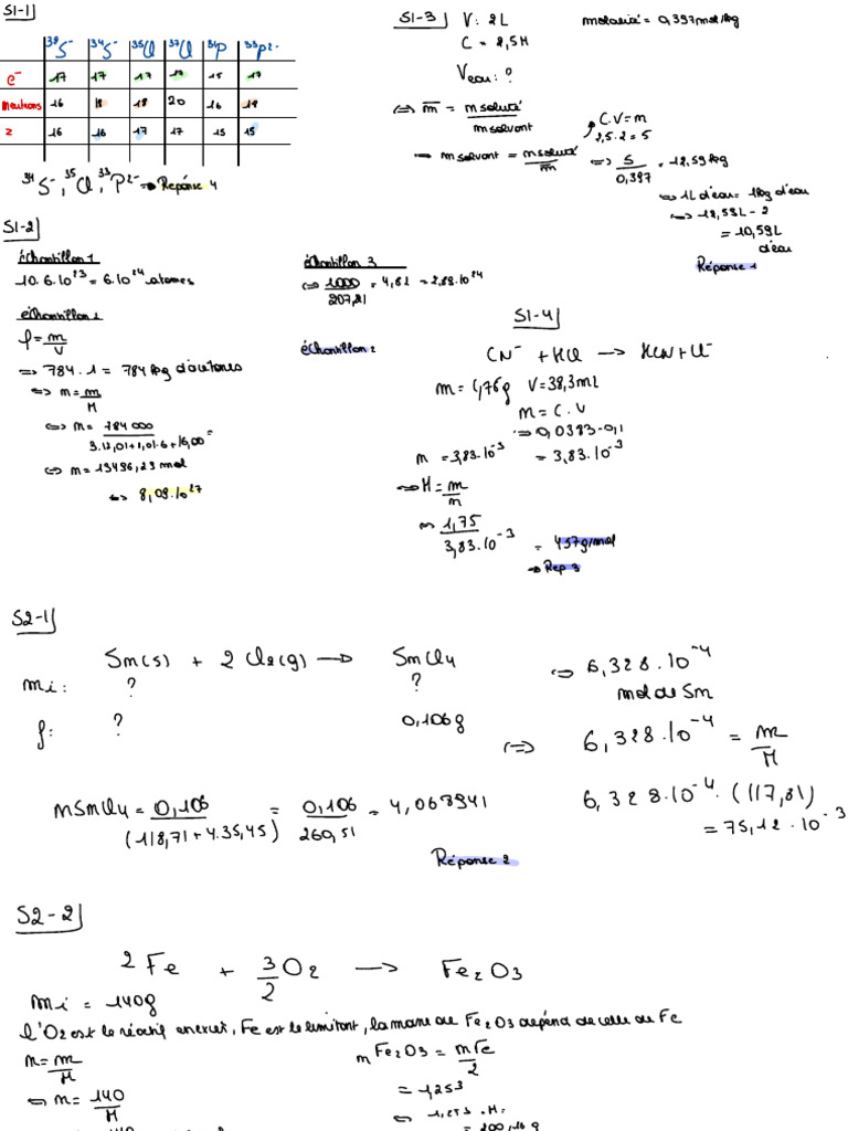 Calculs de chimie et réponses détaillées | PDF