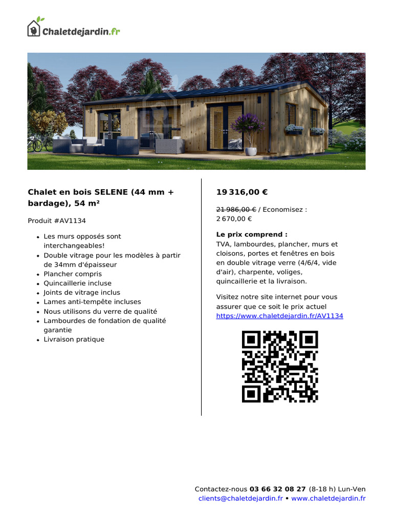 Chalet en Bois SELENE 44 MM Bardage 54 m2 | PDF