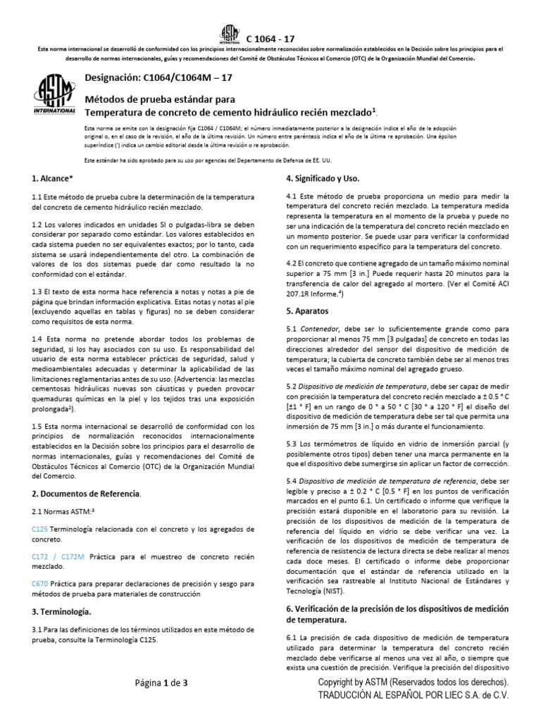 Astm C 1064 17 Temperatura Del Concreto Fresco PDF Hormigón Medición
