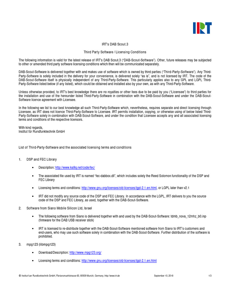 IRT's DAB Scout.3 - Third Party Software - Licensing Conditions | PDF ...