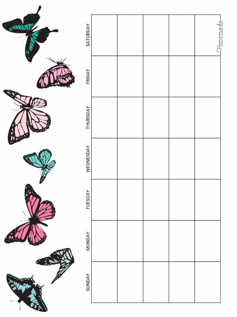 Blank Calendar Butterflies 5 Row | PDF