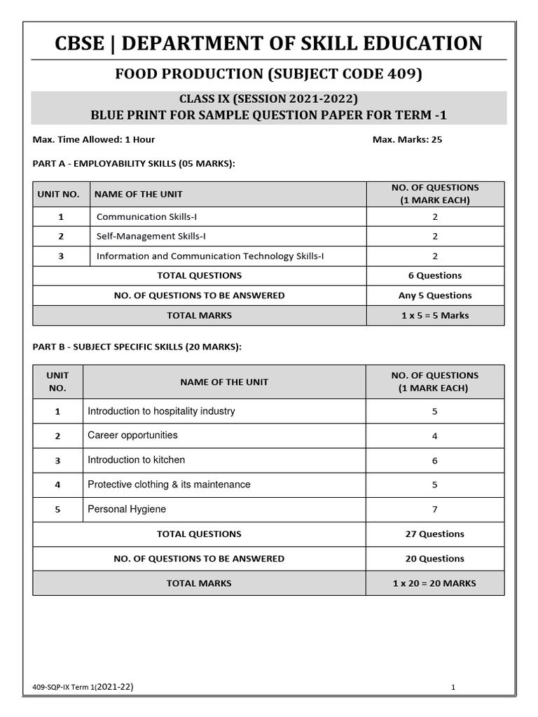 Food Production Sample Paper Class IX | PDF | Chef | Hygiene