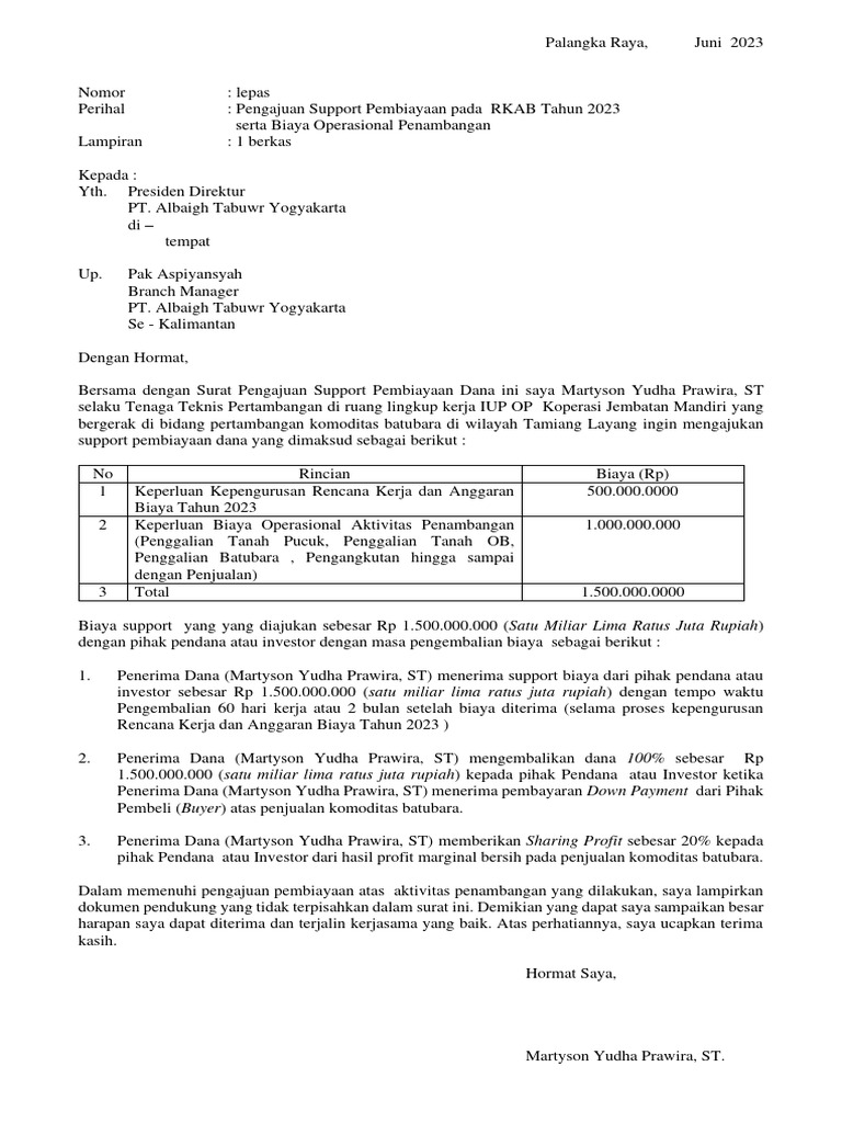 Surat pengajuan support biaya pdf
