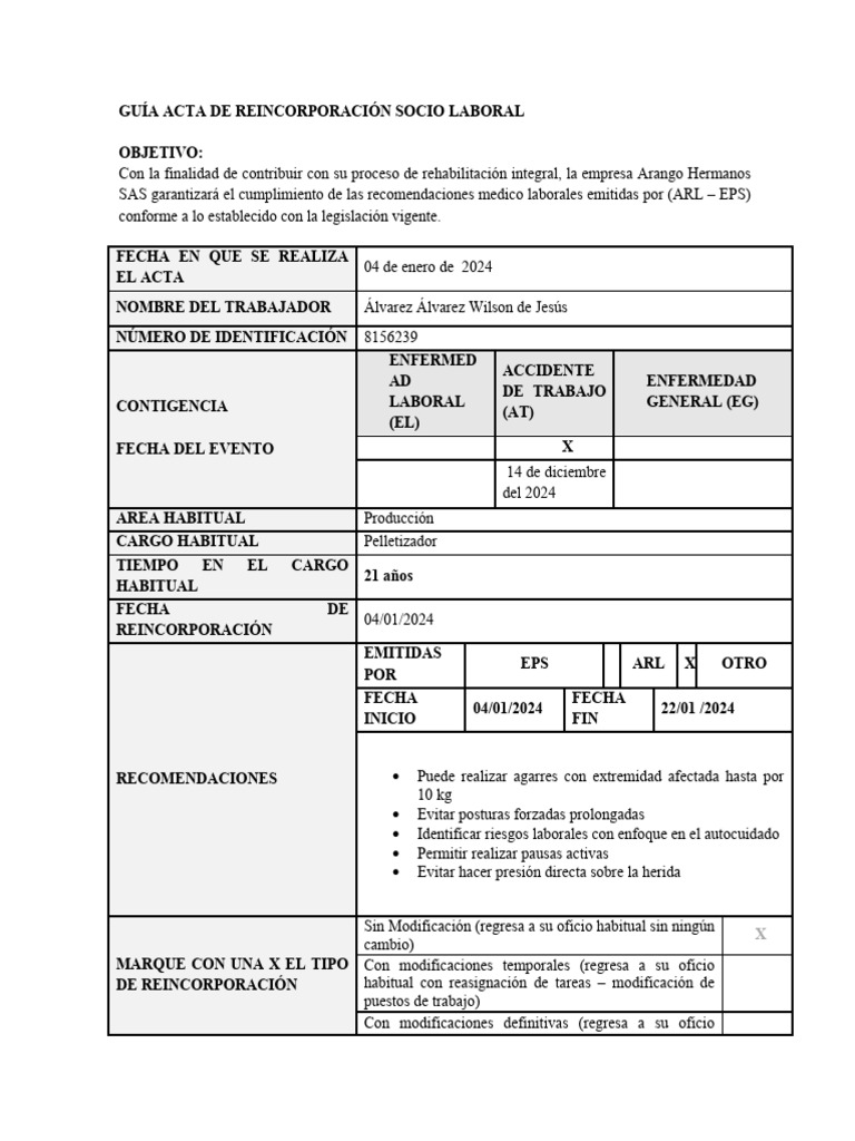 Acta de Reincorporacion Laboral Wilson de Jesus Alvarez | PDF