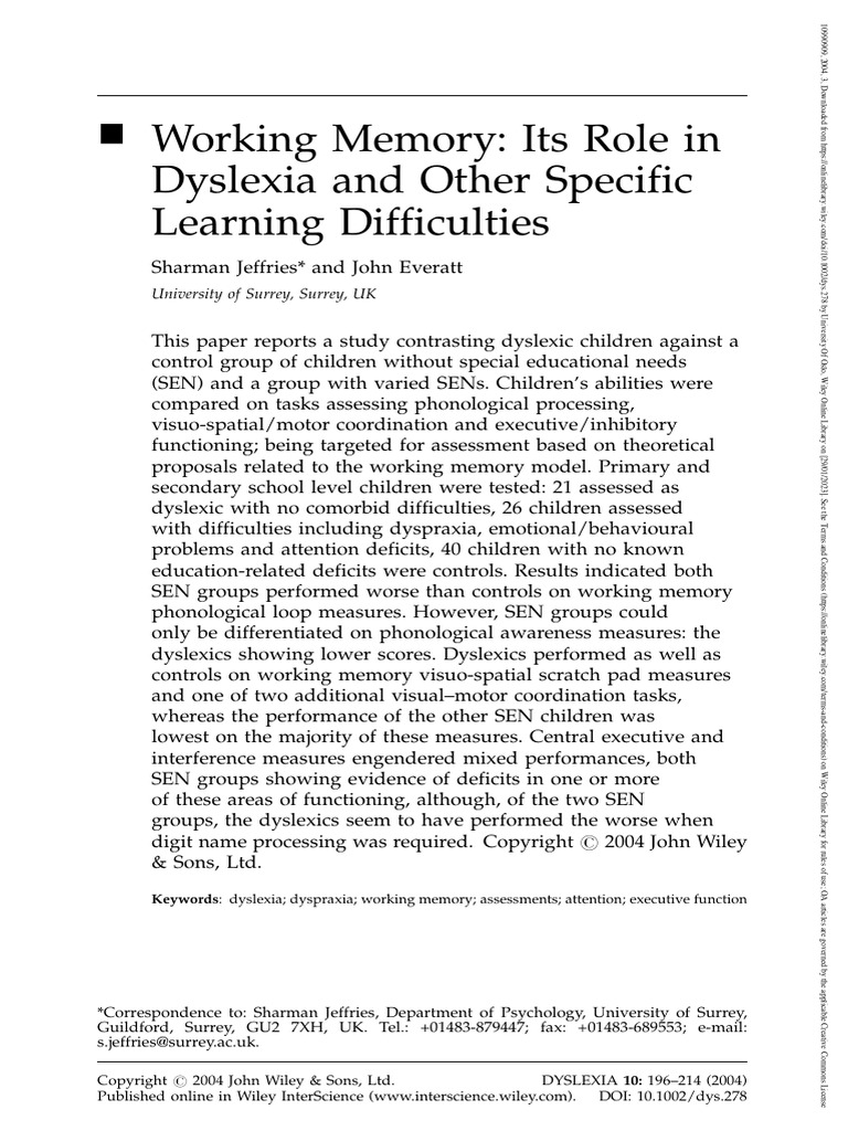 Dyslexia - 2004 - Jeffries - Working Memory Its Role in Dyslexia and ...