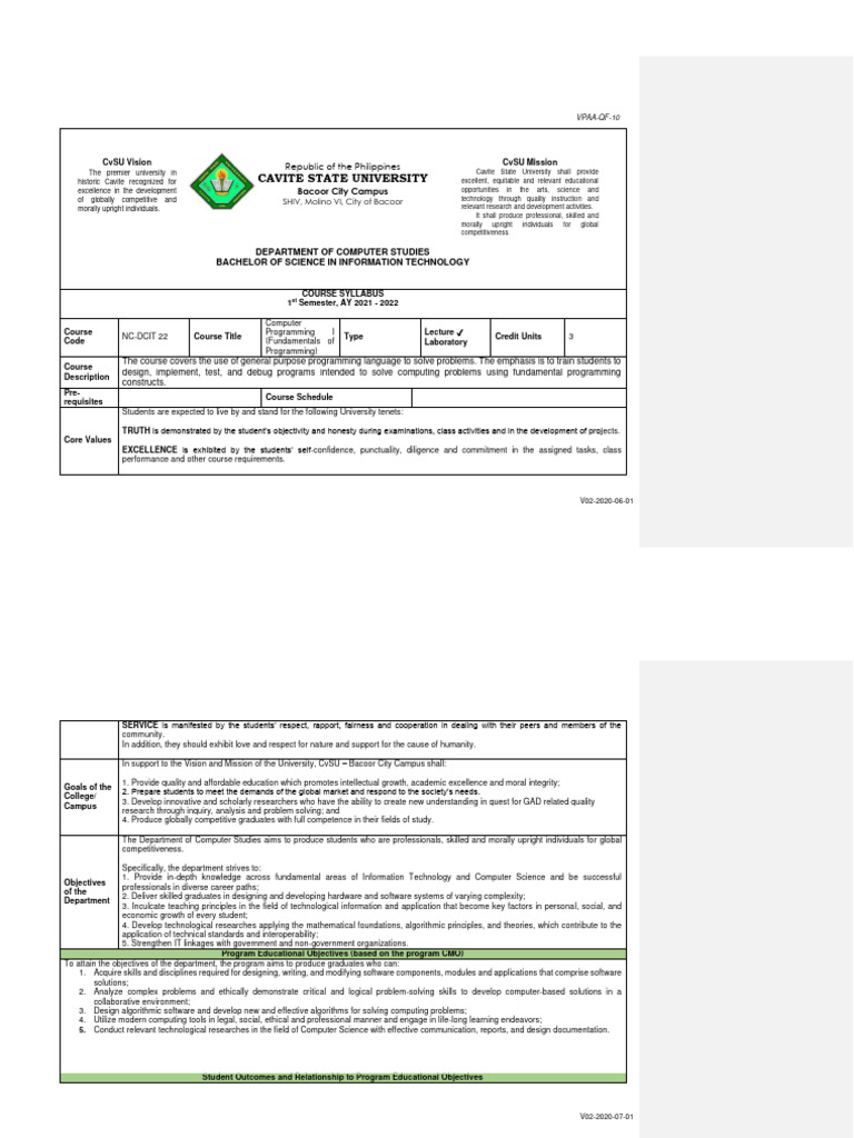 DCIT 23 Course Syllabus Overview | PDF | Science | Computing