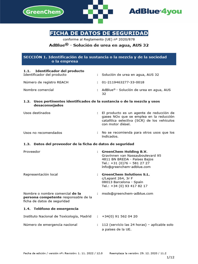 Safety Sheet 2022 AdBlue V12.0 ES PDF Agua Amoníaco
