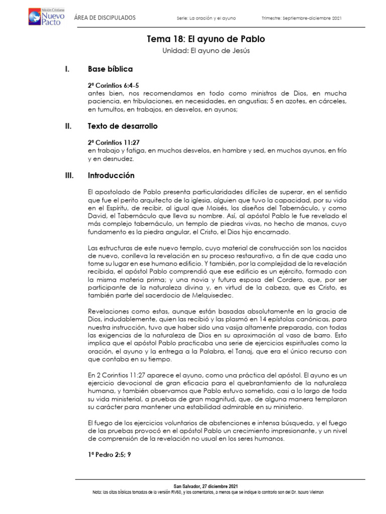Tema 18 El Ayuno De Pablo 29dic2021 Pdf Pablo El Apóstol Jesús