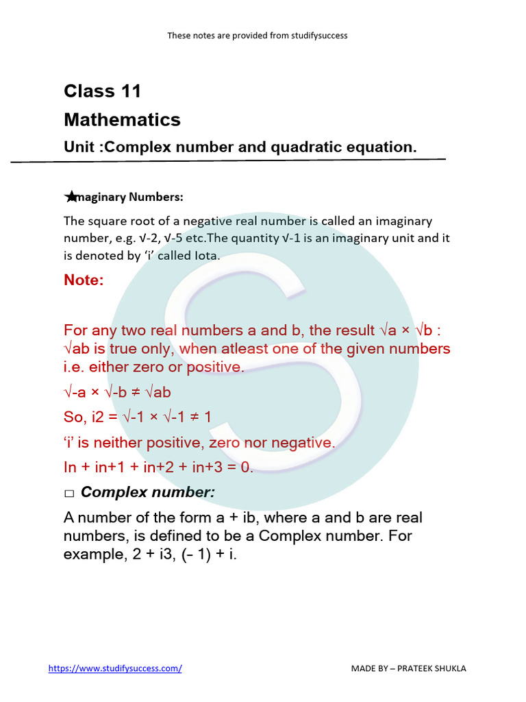 Class 11 Complex Numbers Notes | PDF | Complex Number | Numbers