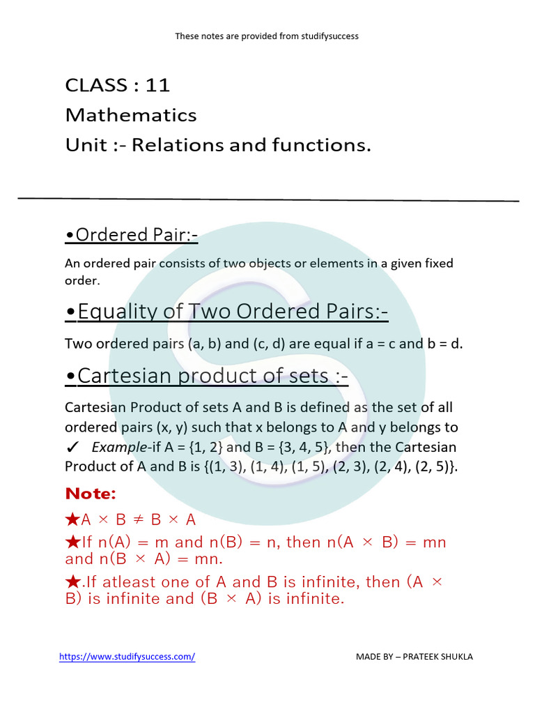 Class 11 Maths Relation and Functions Notes | PDF | Function ...