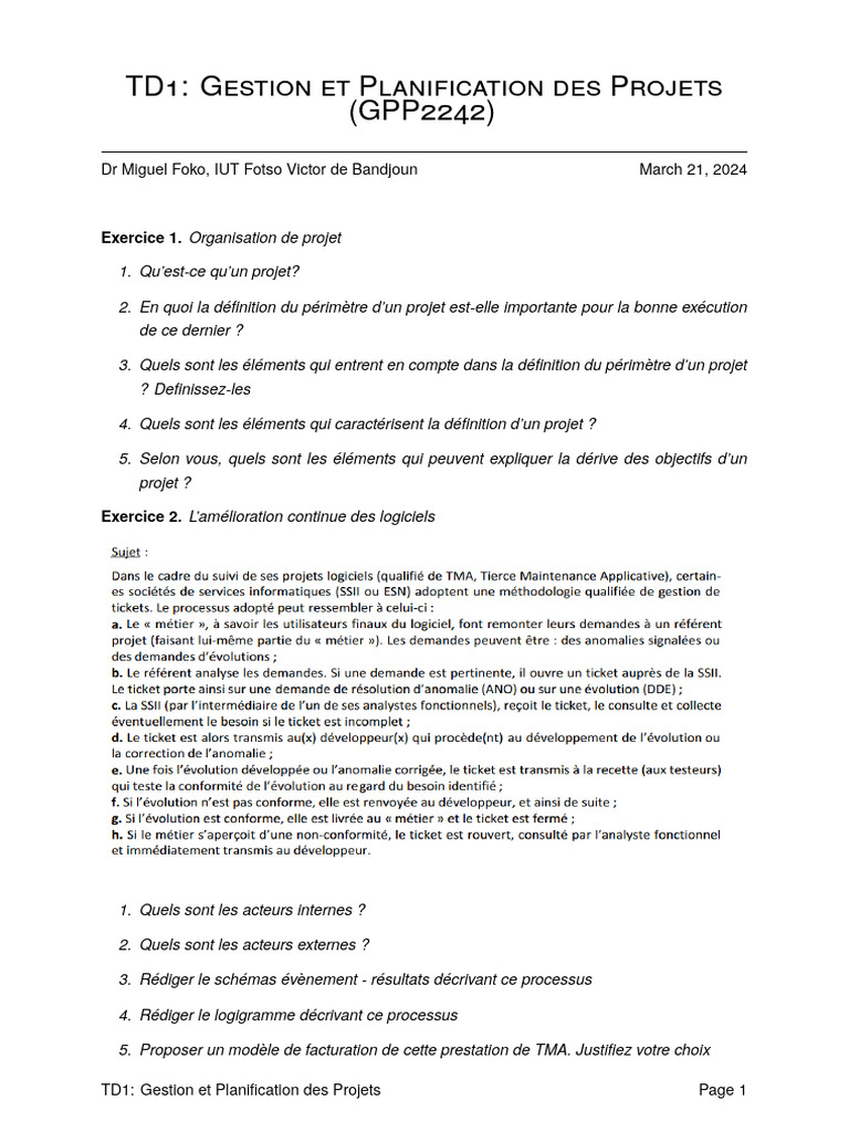 Gestion de Projets : Exercices Pratiques | PDF | Planification
