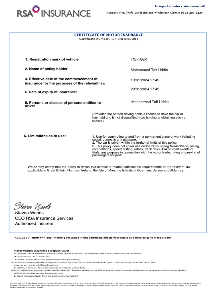 RSA Motor Insurance Certificate | PDF | Vehicle Insurance | Insurance