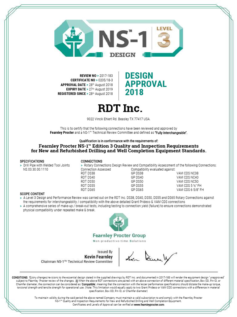 0205 2017 183 RDT Inc Design Level 3 Certificate (Compatibility