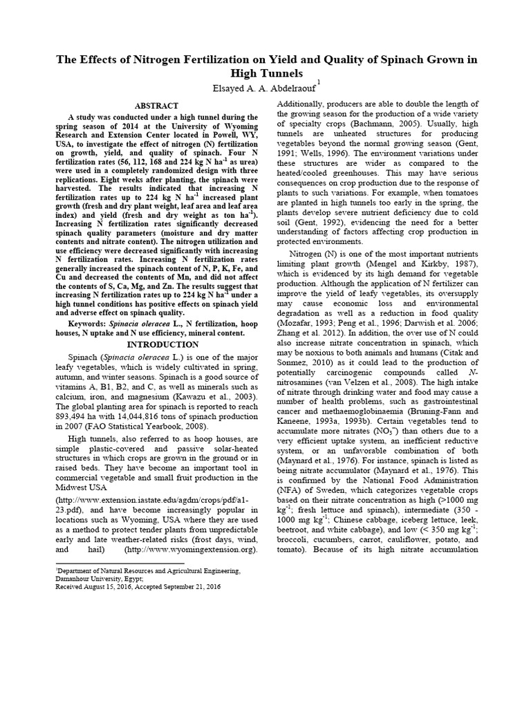 The Effects of Nitrogen Fertilization On Yield and Quality of Spinach ...