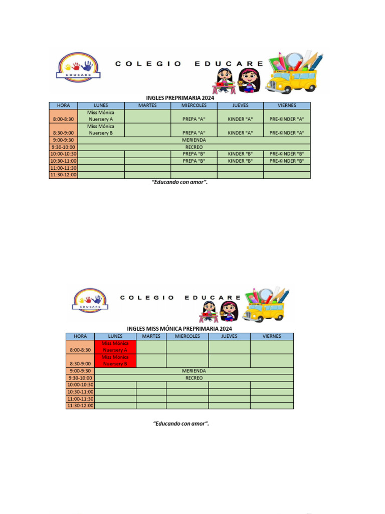 Horario de Clases Preprimaria 2024 | PDF | Idiomas del Reino Unido