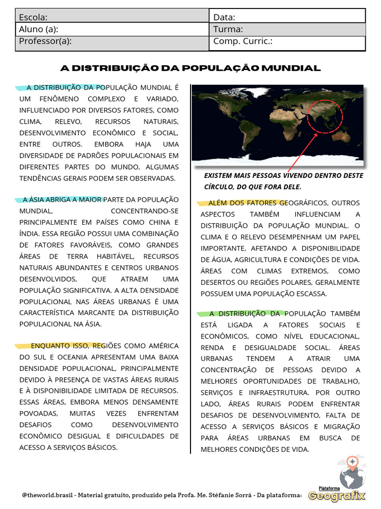 Atividade Sobre - A Distribuição Da População Mundial | Download grátis ...