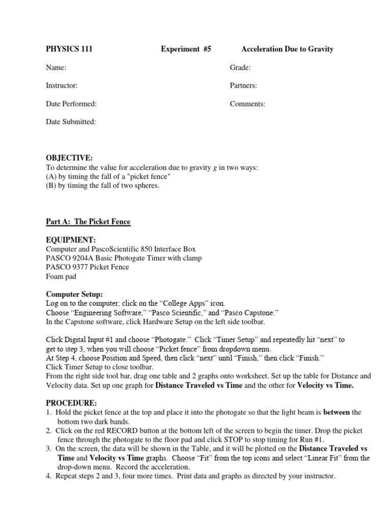 5 111AccelDueToGSept2016 Capstone | PDF | Acceleration | Timer