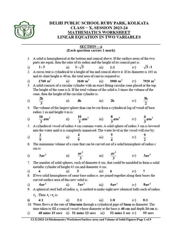 Class 10 Surface Area And Volume Worksheet Pdf Sphere Area