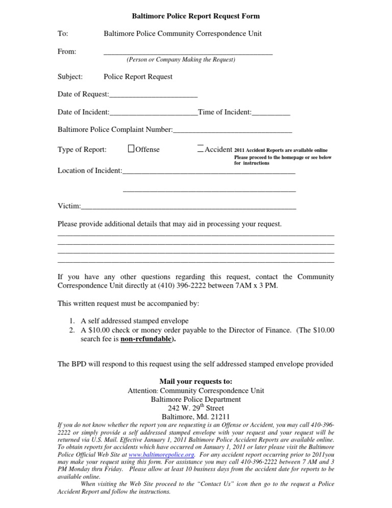 Baltimore Police Report Request Form 2011 PDF