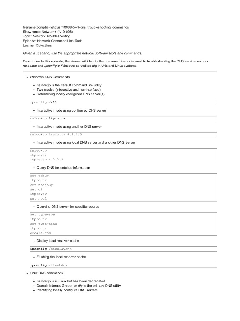 DNS Troubleshooting Commands Guide | PDF