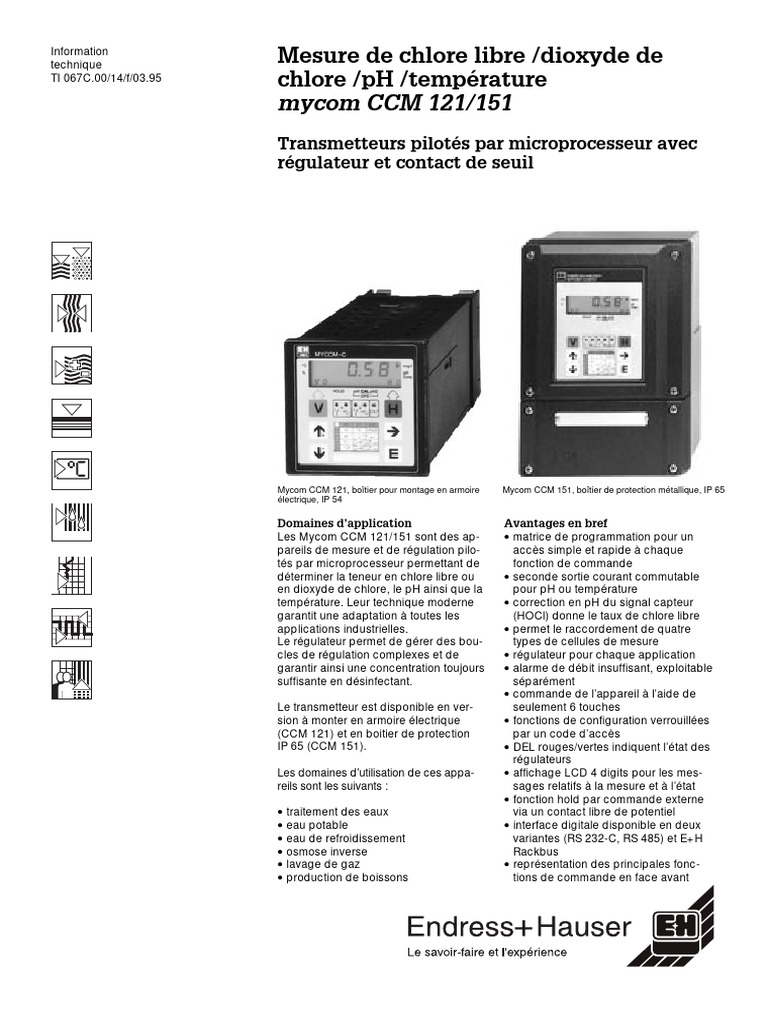 Transmetteurs Mycom CCM 121/151 : Mesure Chlore, pH, Température | PDF ...