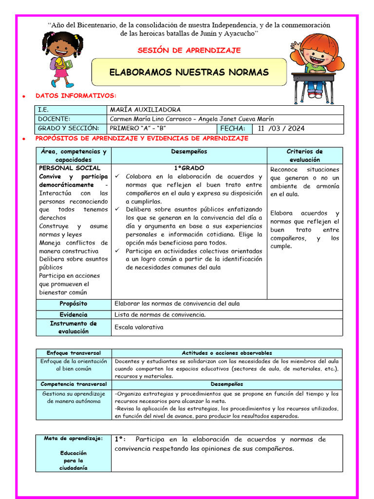 1º U1 S1 Sesion D1 PS Normas de Conivencia | PDF | Evaluación | Aprendizaje
