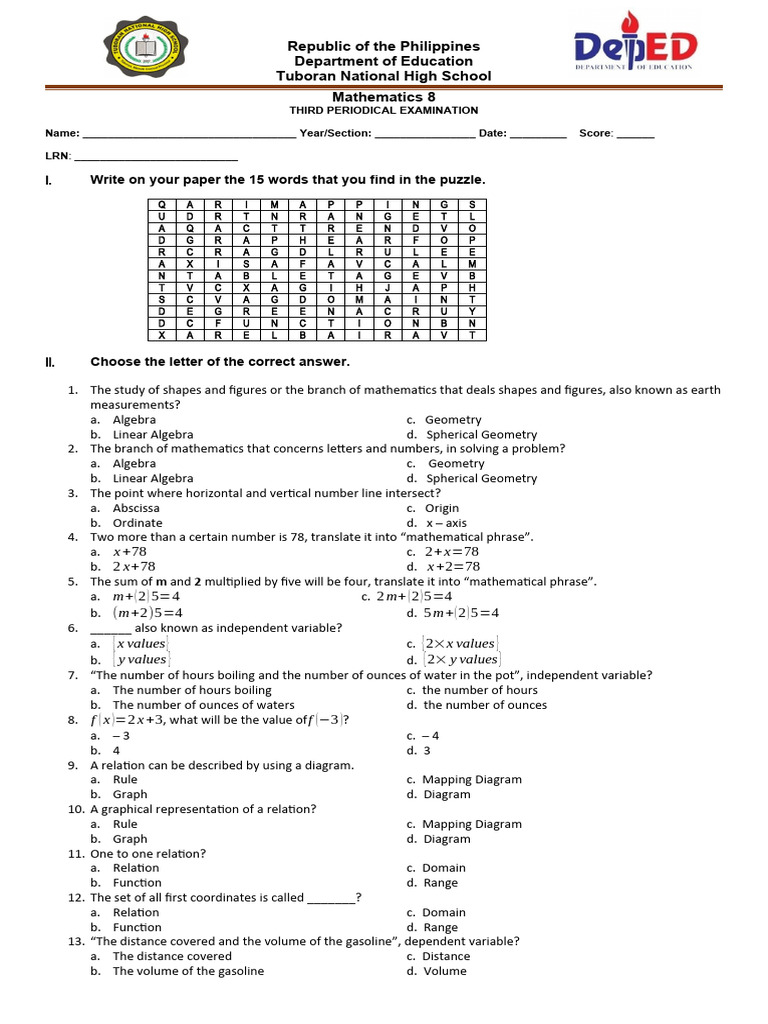 grade 8 3RD | PDF | Function (Mathematics) | Cartesian Coordinate System