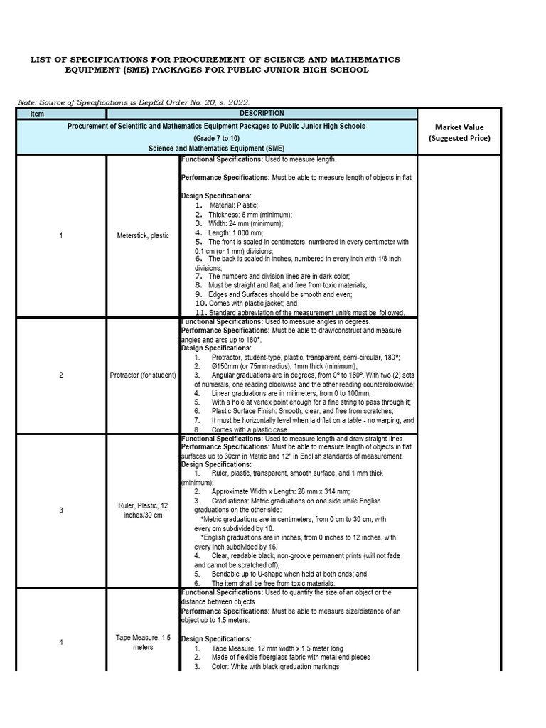 Specifications for Science Equipment Packages | PDF | Ph | Volume