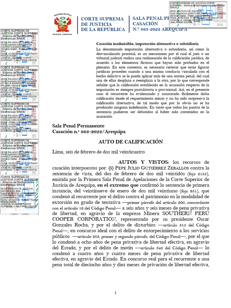 Casación 863-2022: Imputación Alternativa | PDF | Judicaturas | Caso de ley