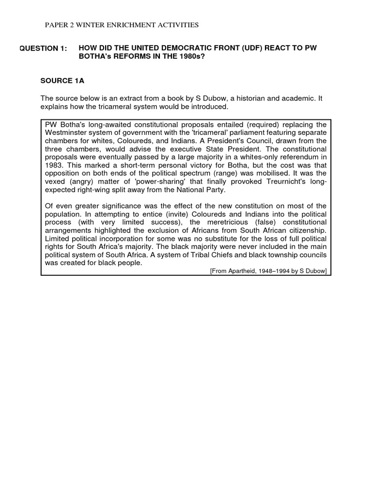 UDF Response to PW Botha's Reforms | PDF | Apartheid | Politics And Race
