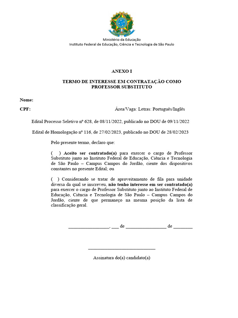 Anexo I - Termo de Interesse em Contratação Como Professor Substitu | PDF