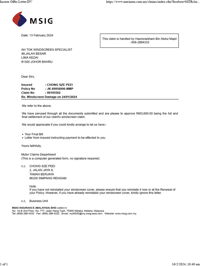 Windscreen Claim Approval Letter | PDF