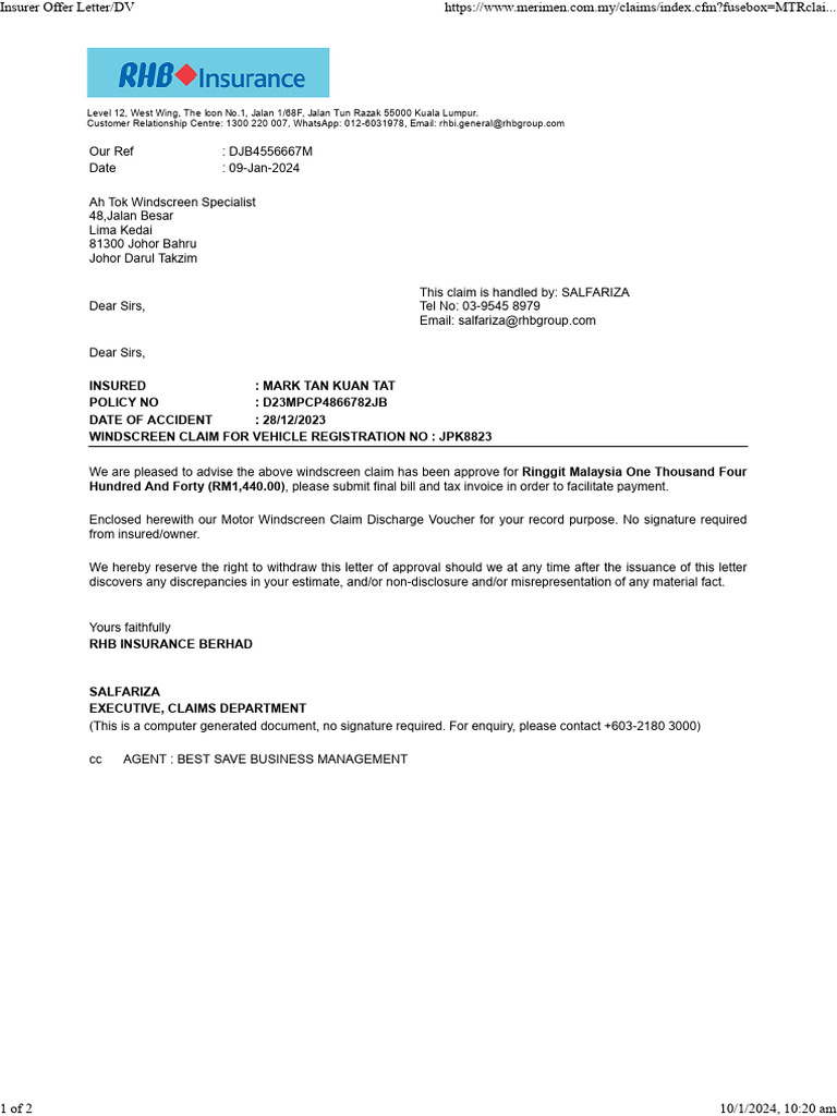 Approved Windscreen Claim Notification | PDF