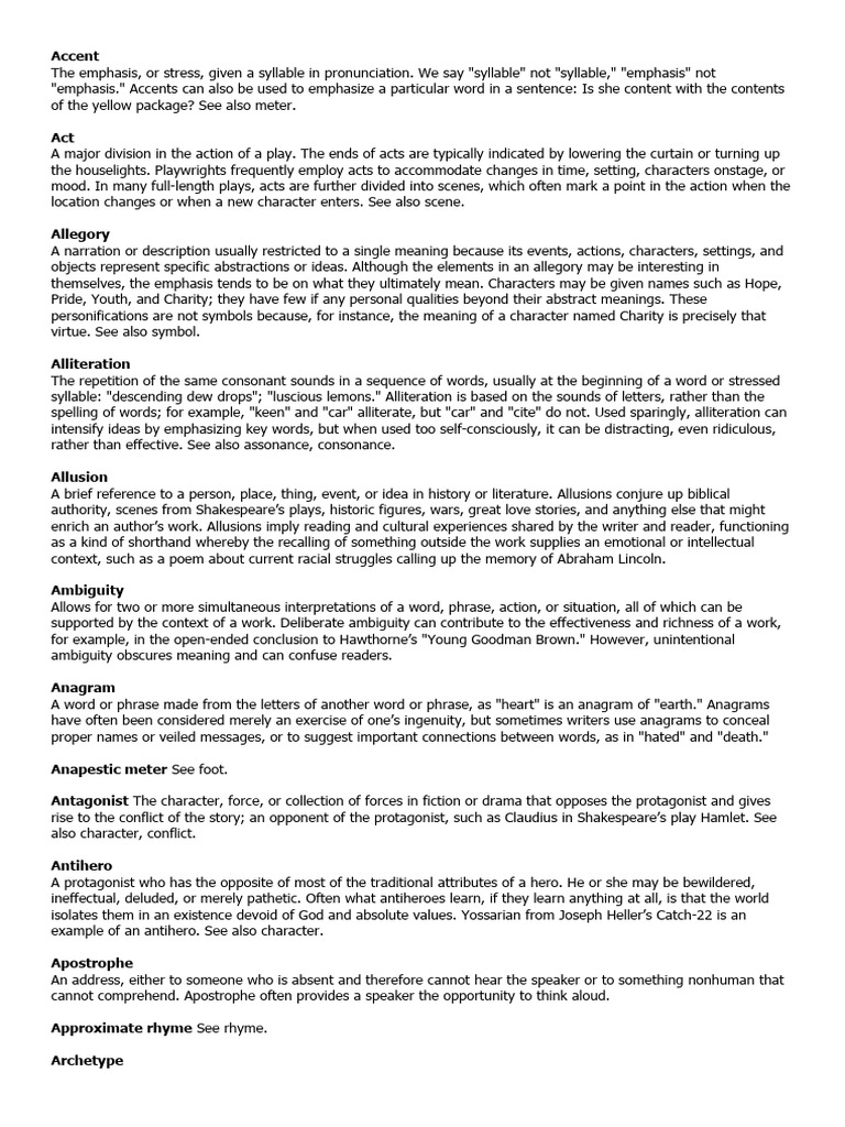 Literary Terms and Definitions Guide | PDF | Poetry | Narration
