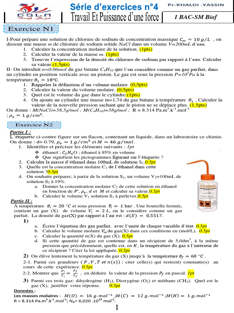 Calculs de gaz et solutions chimiques | PDF | Concentration molaire ...