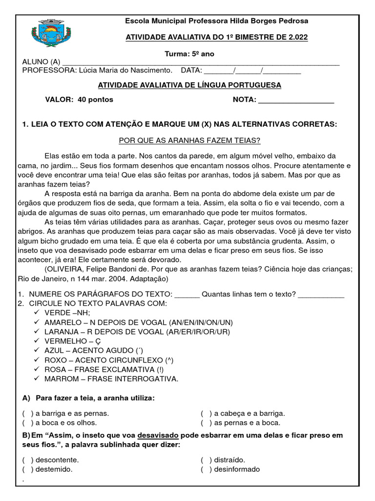 AVALIAÇÃO DE LÍNGUA PORTUGUESA 4º Ano | PDF | Aranha