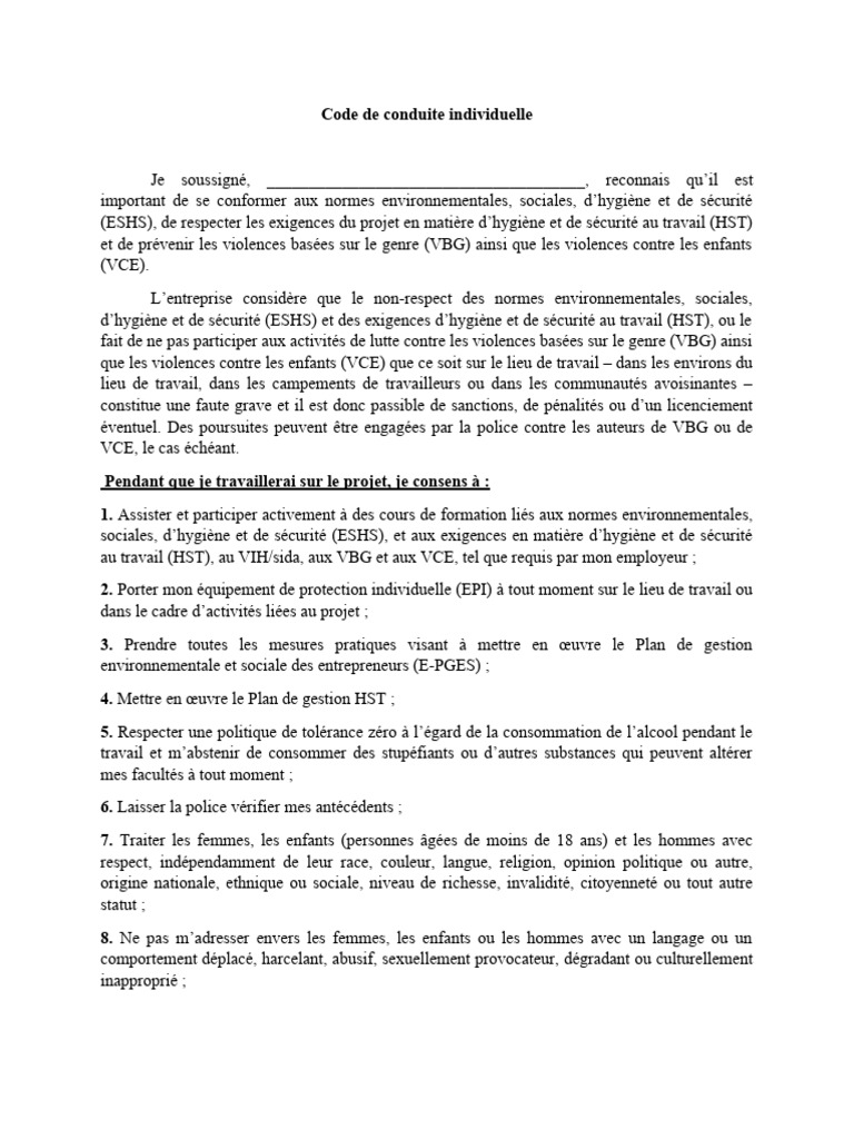 Code de conduite et tolérance zéro | PDF | Sécurité | Santé et sécurité ...