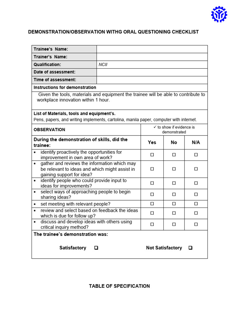 Demonstration Checklist Pdf Educational Assessment Brainstorming