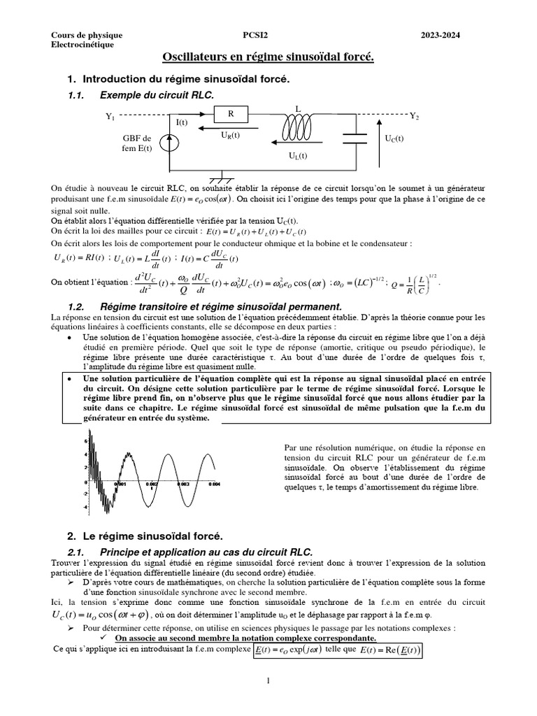 Régime Sinusoïdal Forcé en Circuit RLC | PDF | Impédance (électricité ...