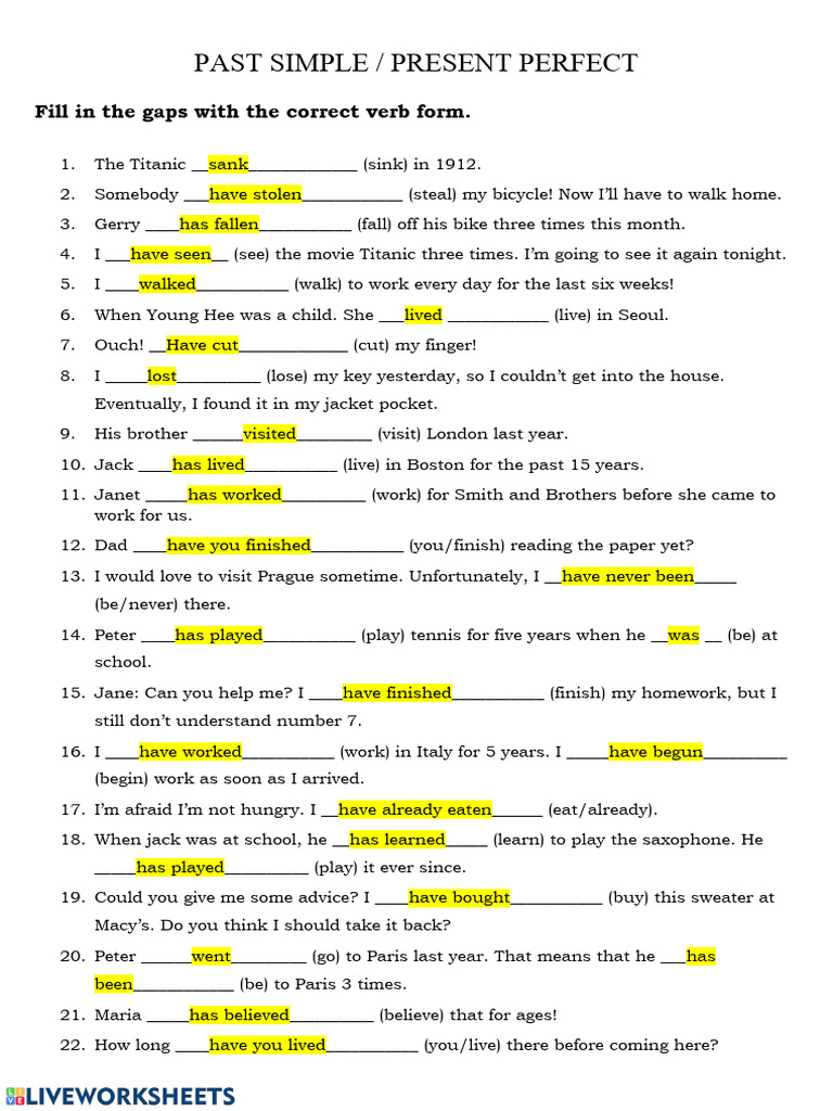 Past Simple vs Present Perfect Worksheet | PDF | Language Arts & Discipline