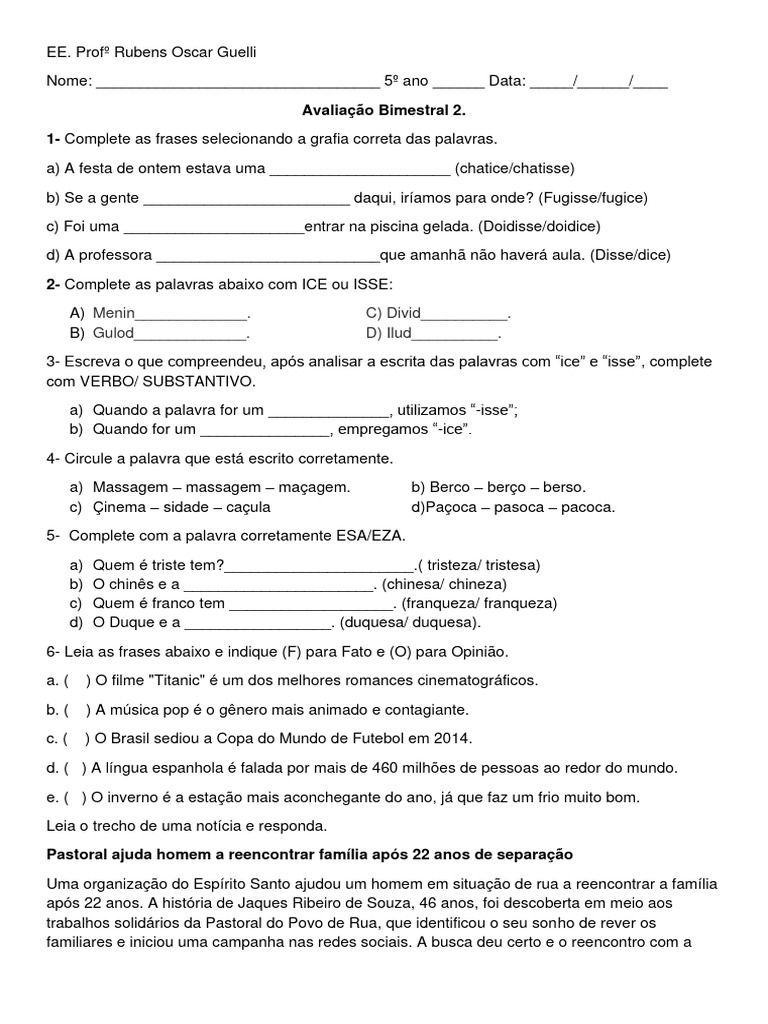 Atividades de Ortografia: Ice e Isse 5º Ano | PDF