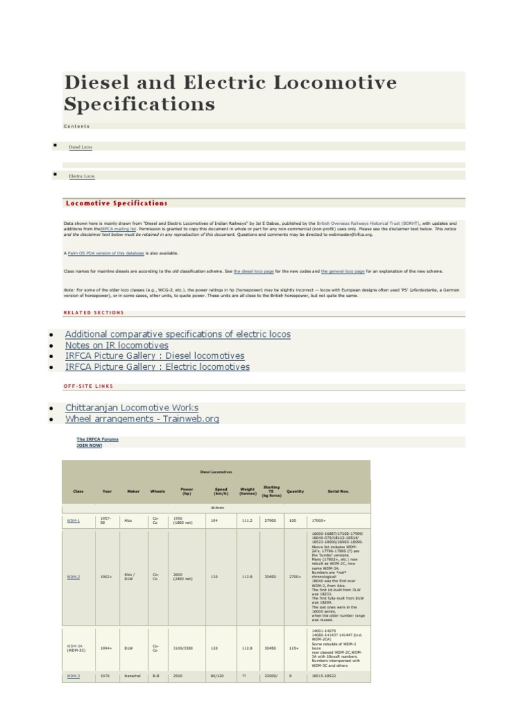 Diesel and Electric Locomotive Specs | PDF | Locomotives | Horsepower