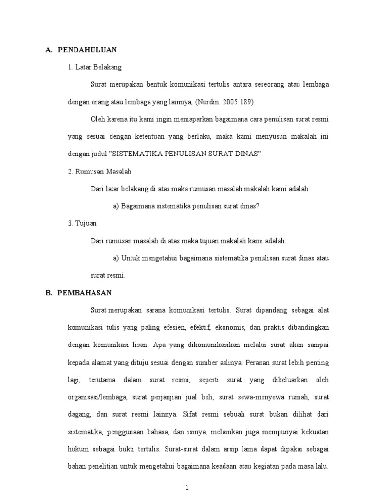 Makalah Bahasa Indonesia Sistematika Penulisan Surat Dinas